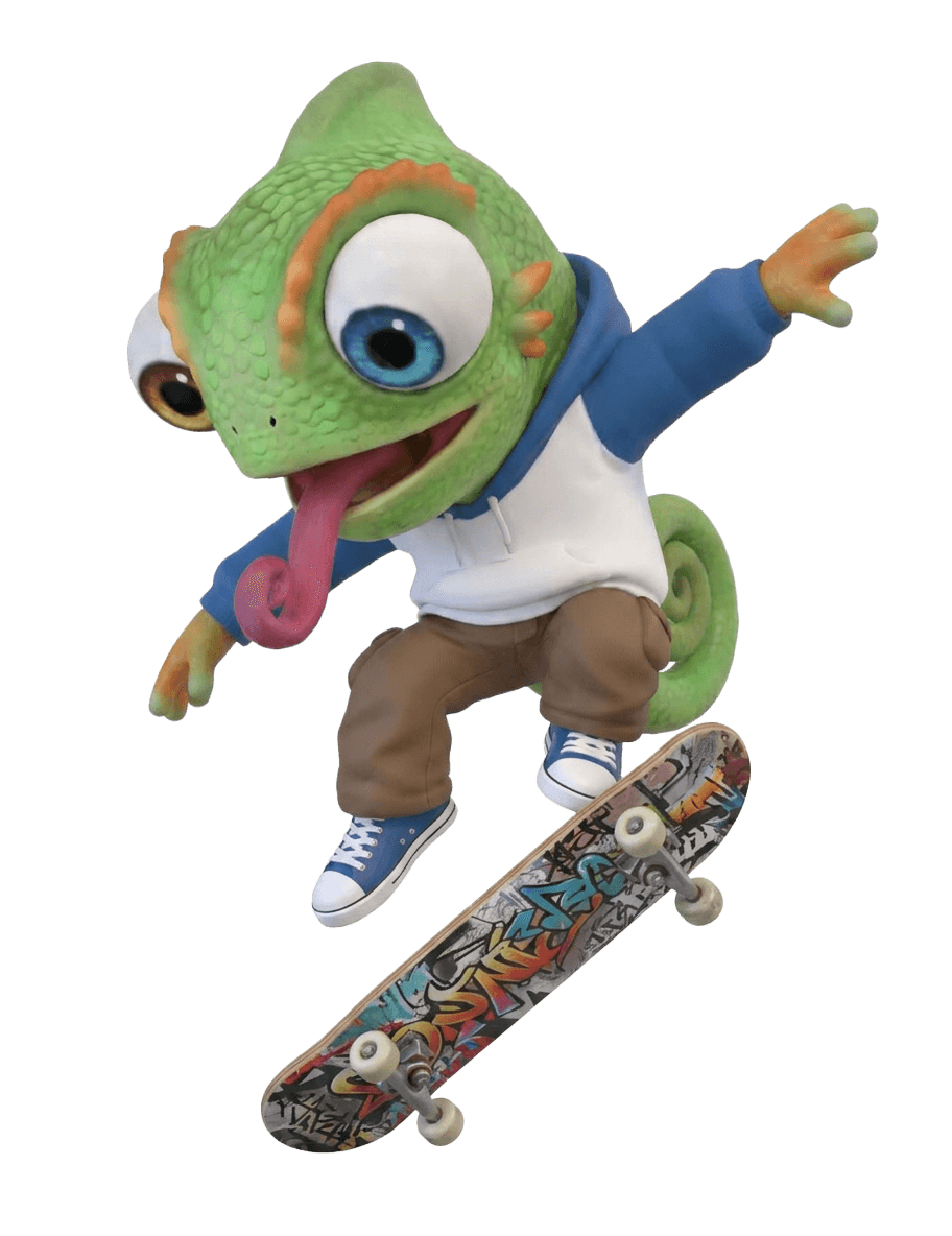 3D Cammy mascot riding a skateboard